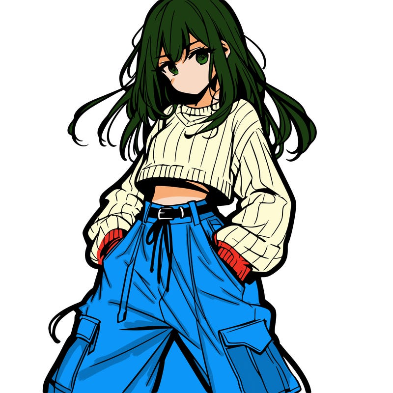 anime teen girl with baggy pants and crop top with sweater