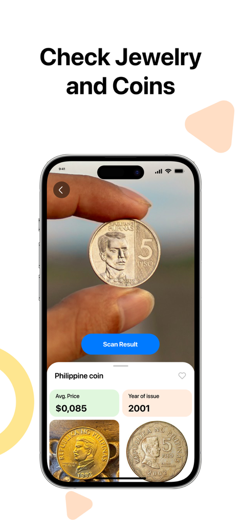 A smartphone screen showing the Lens app identifying a Philippine coin with details on its average price and year of issue