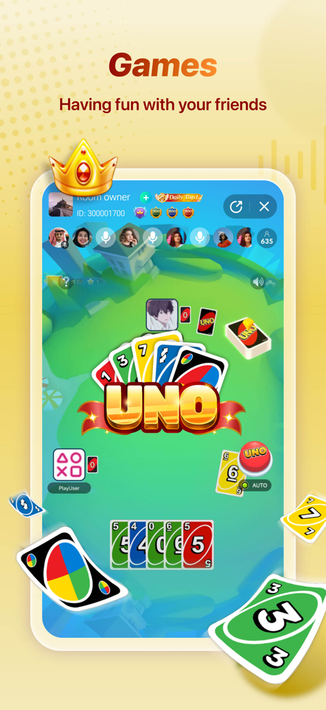 Personas jugando a un juego de cartas en una sala de chat de voz grupal de Tada.