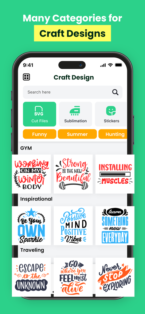 Designs For Cricut Space - App interface showing craft design categories and SVG cut files for Cricut projects