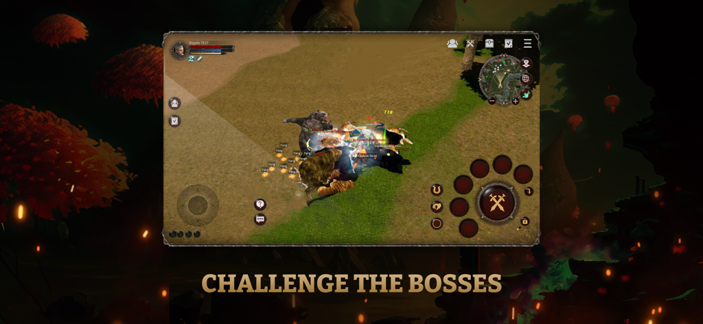 Personnage du MMORPG Royale Online défiant un gros boss ours dans un champ ouvert