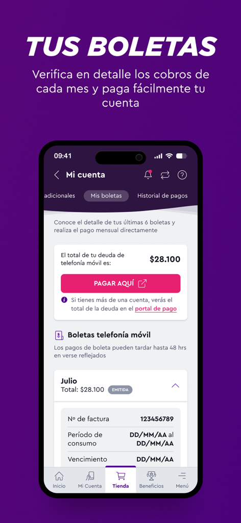 WOM Chile App-Oberfläche, die Mobilfunkrechnungen und Zahlungsoptionen anzeigt