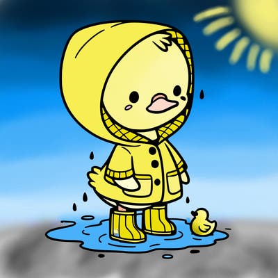 baby duck in a rain coat and boots, in a puddle while it’s raining
