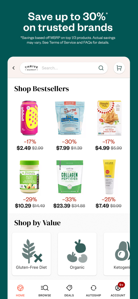 Screenshot of the Thrive Market app showing discounted healthy groceries and lifestyle filters like organic and gluten-free