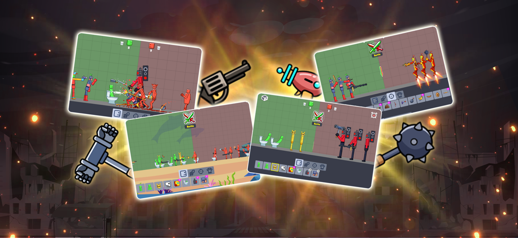 Battle Hub Playground War - Gameplay-Screenshots von wackeligen roten und grünen Charakteren in einer physikbasierten Sandbox-Schlacht