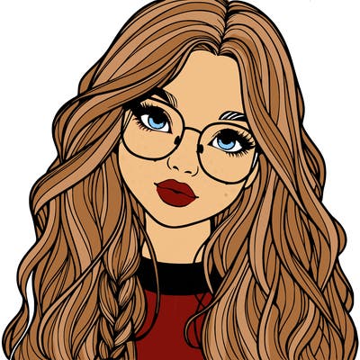 girl with long hair and freckles and glasses realistic