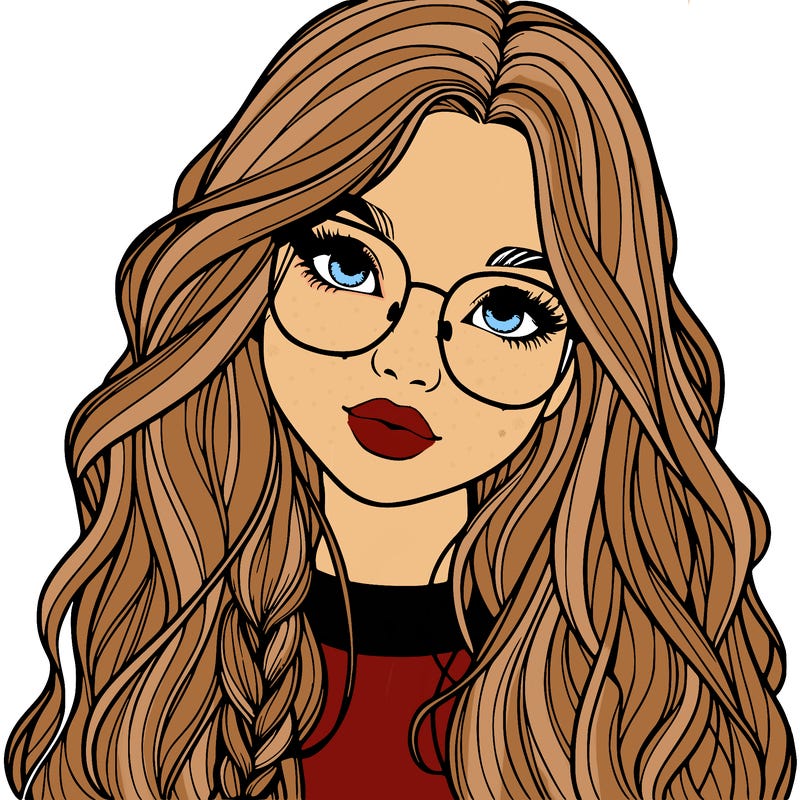 girl with long hair and freckles and glasses realistic