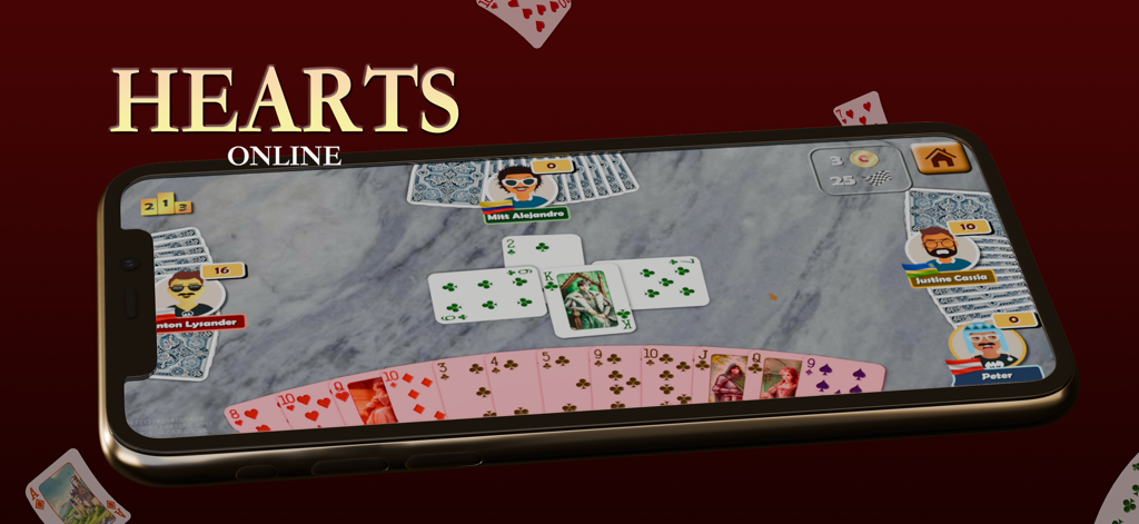 Hearts Online: Card Game - Smartphone che mostra una partita a quattro giocatori di Hearts Online con avatar personalizzati e uno sfondo da tavolo di marmo