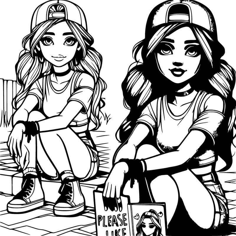 a realistic teenage girl wearing a short and a crop to with a ponytail with some caps and bracelet holding a please like book with sitting on th street