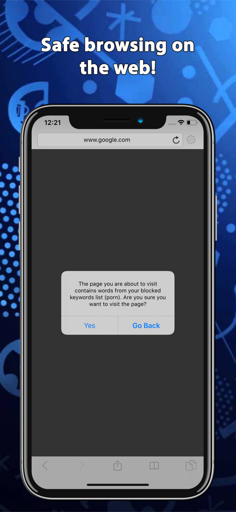 Website Blocker - Browse Safe - iPhone screen showing a content warning from Website Blocker based on a keyword filter.