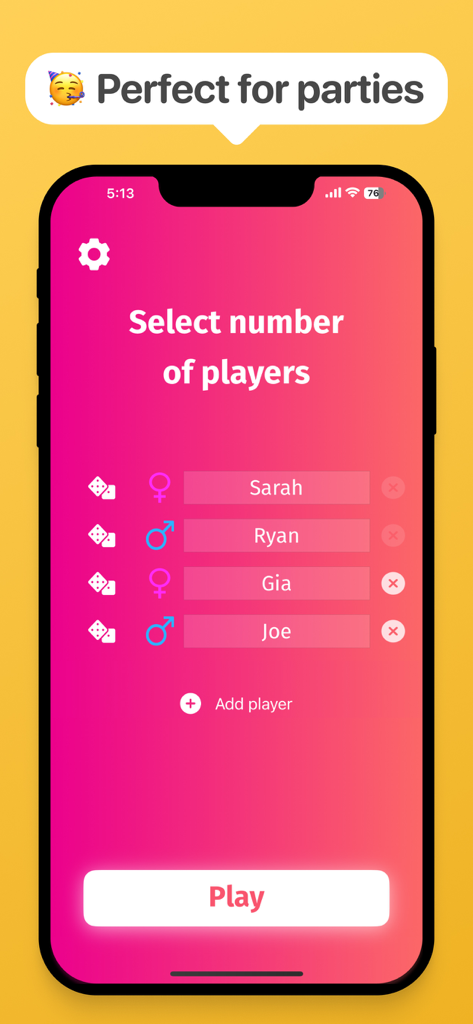 Truth or Dare? Party & Couple - Player setup screen in the Truth or Dare party game app showing a list of names and gender icons