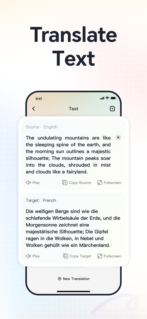 Translator Pro - AI translate - Mobile app interface showing text translation from English to French with audio playback and copy options