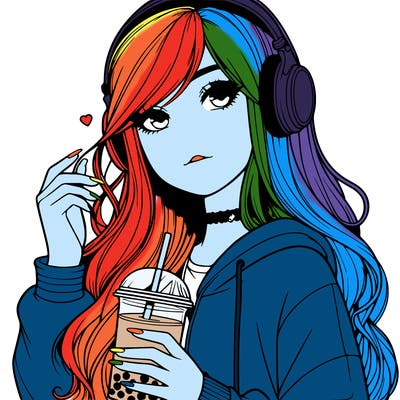 realistic teen girl with long hair and a nose wearing headphones drinking boba tea