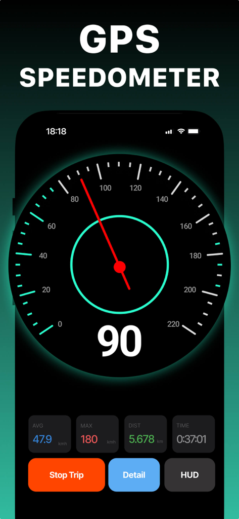 Interfaz de velocímetro GPS digital que muestra la velocidad actual y los datos del viaje en un tablero oscuro.