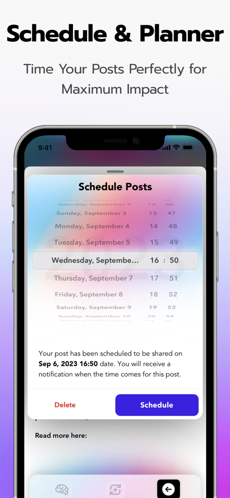 Interface de l'application Repost AI montrant la fonctionnalité de calendrier et de planification pour programmer les publications sur les réseaux sociaux