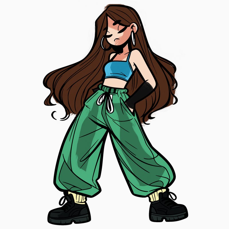 girl in baggy pants crop top and long hair
