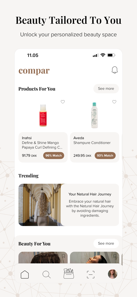 Compar - AI Hair Care Advisor - Screenshot of the Compar app showing personalized hair product recommendations with match percentages