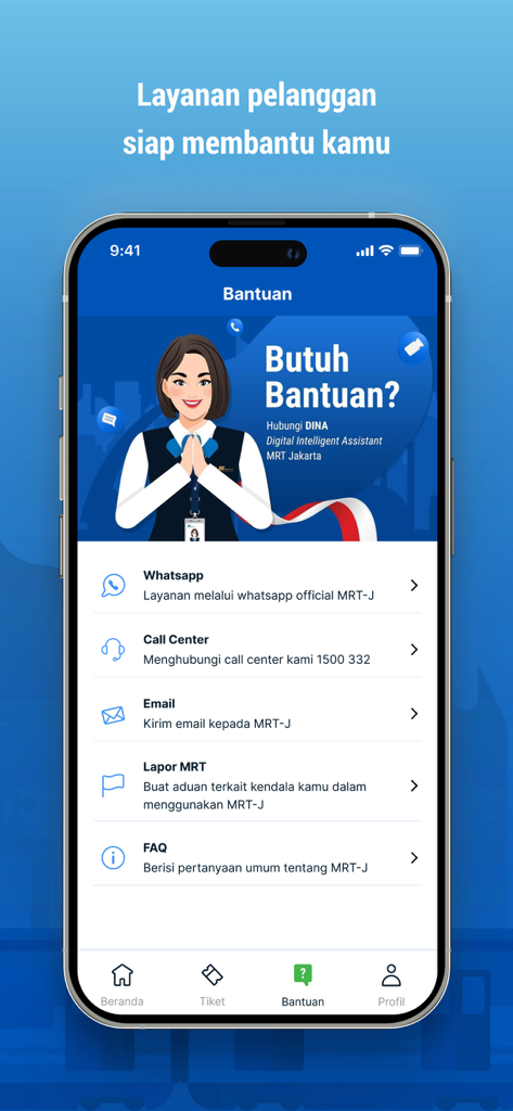 The help and support screen of the MyMRTJ app featuring customer service contact options and a digital assistant.