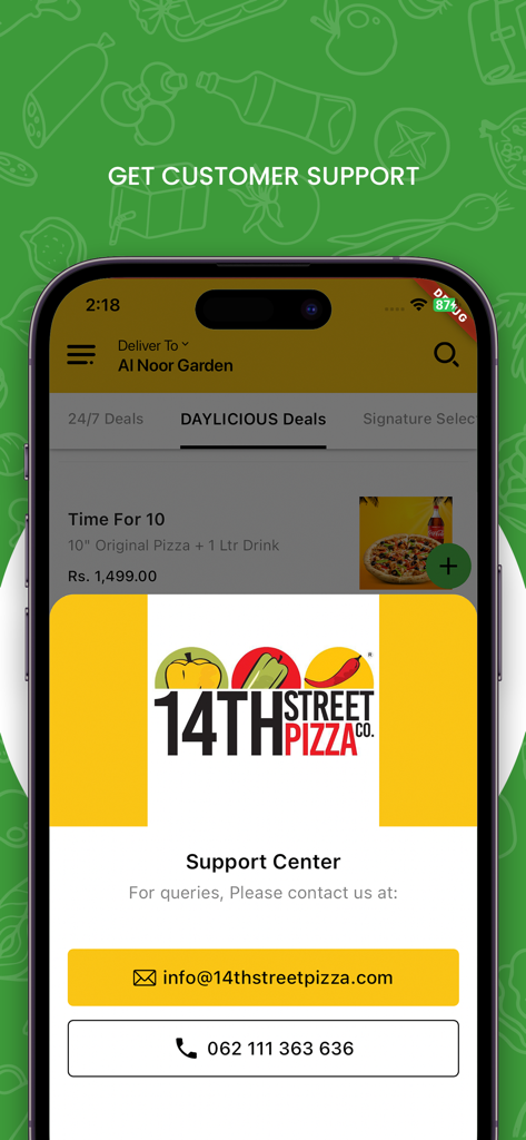 14th Street Pizza Co. - 14th Street Pizza Co app customer support interface showing email and phone contact options