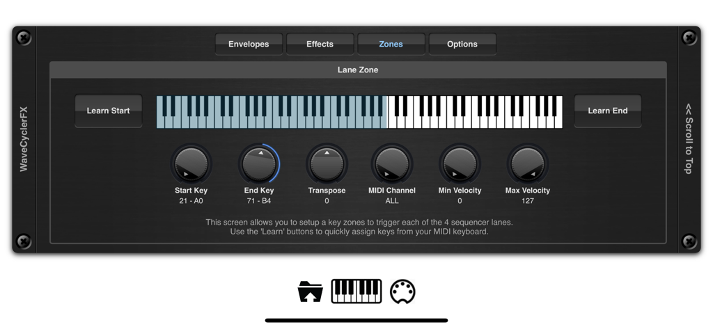 EvolverFX AUv3 Audio Plugin - EvolverFX key zone setup screen with virtual keyboard and MIDI controls