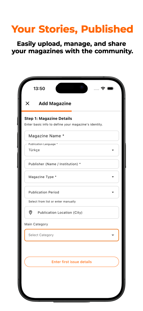 MagPublish - A screenshot of the MagPublish app showing the magazine registration form to upload a new publication.