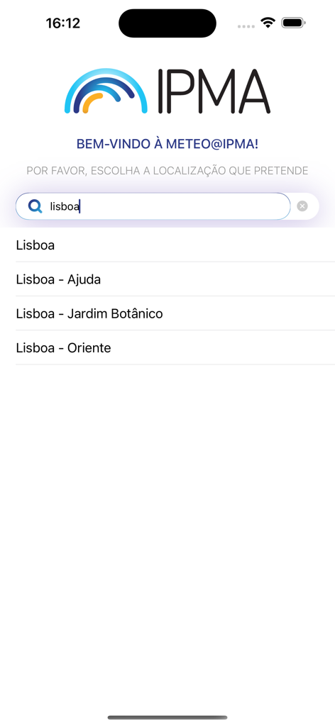 Pantalla de bienvenida de la aplicación Meteo IPMA que muestra una barra de búsqueda de ubicaciones portuguesas con resultados para Lisboa