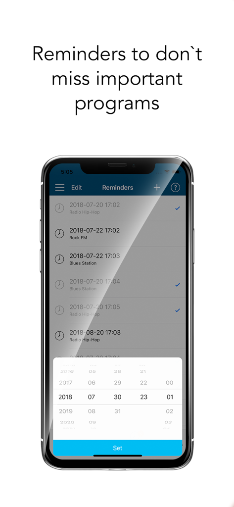 Worldwide radio online - Interfaz de la aplicación para configurar y ver recordatorios de programas de radio
