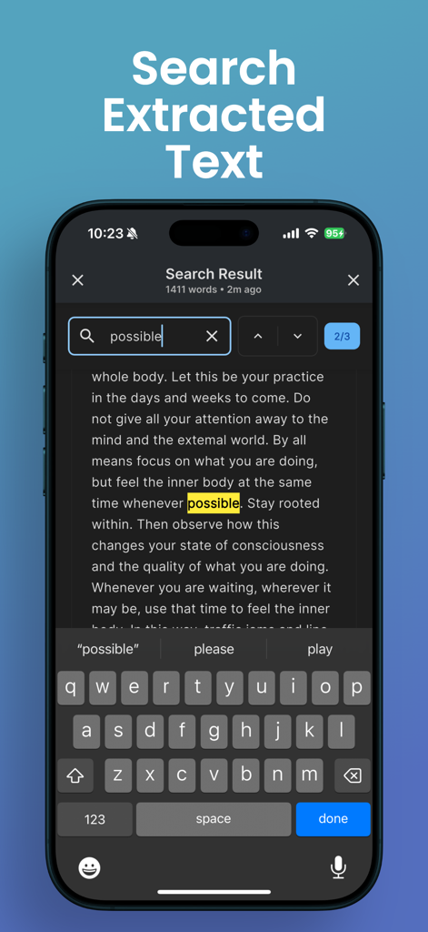 iPhone上の抽出テキストに強調表示されたキーワードが表示されている検索機能を表示するOCRacleアプリのインターフェース
