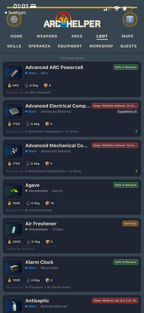 Arc Helper - Base de datos de botín de la aplicación móvil Arc Helper que muestra estadísticas de artículos como valor de peso, rareza y consejos de reciclaje para jugadores de Arc Raiders.