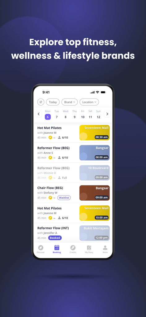 MyFit: Wellness Bookings - MyFit app screen displaying available Pilates and yoga classes with times and locations