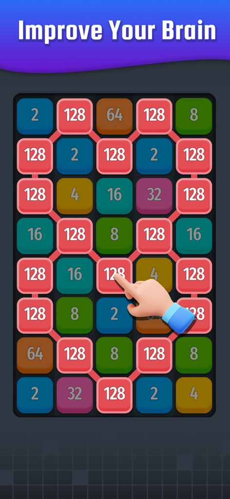 Number Connect - Link 2048 - 「脳を鍛えよう」というタイトルの下、グリッドパズルゲームで複数の128の数字タイルを接続している手