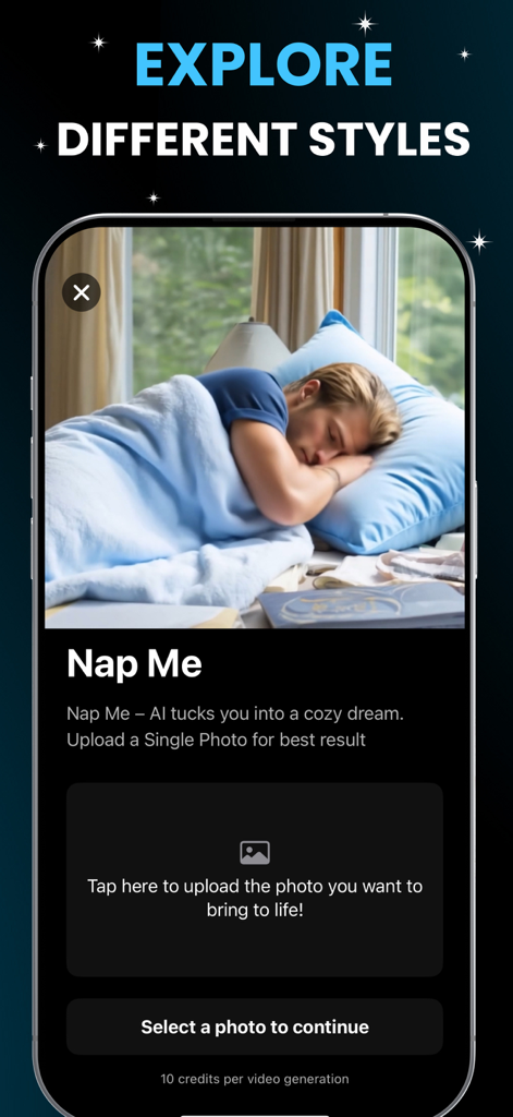 AI Video Maker · Generator - Screenshot of the Vidora app showing the Nap Me AI animation style preview