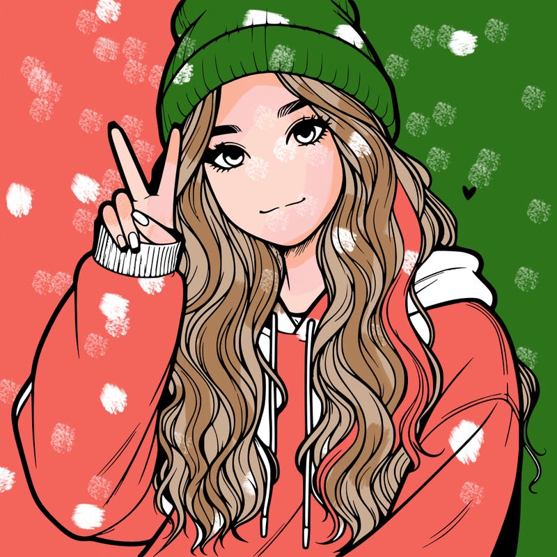 a teenage girl in a beanie, oversized sweatshirt, wavy long hair, and is showing a ✌️