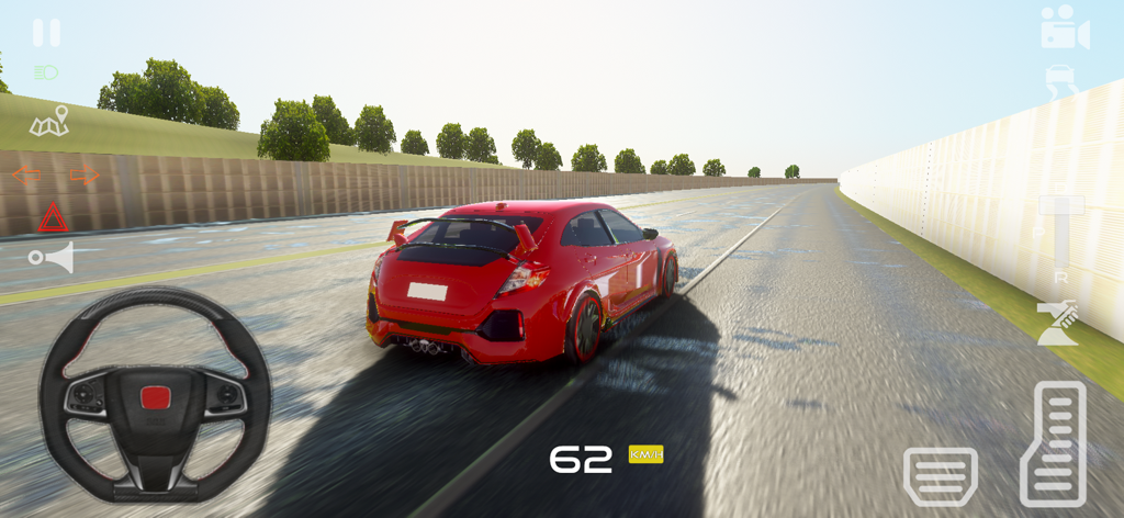 Jugabilidad de un coche deportivo rojo conduciendo en una pista mojada en Civic Sport Car Simulator 2026