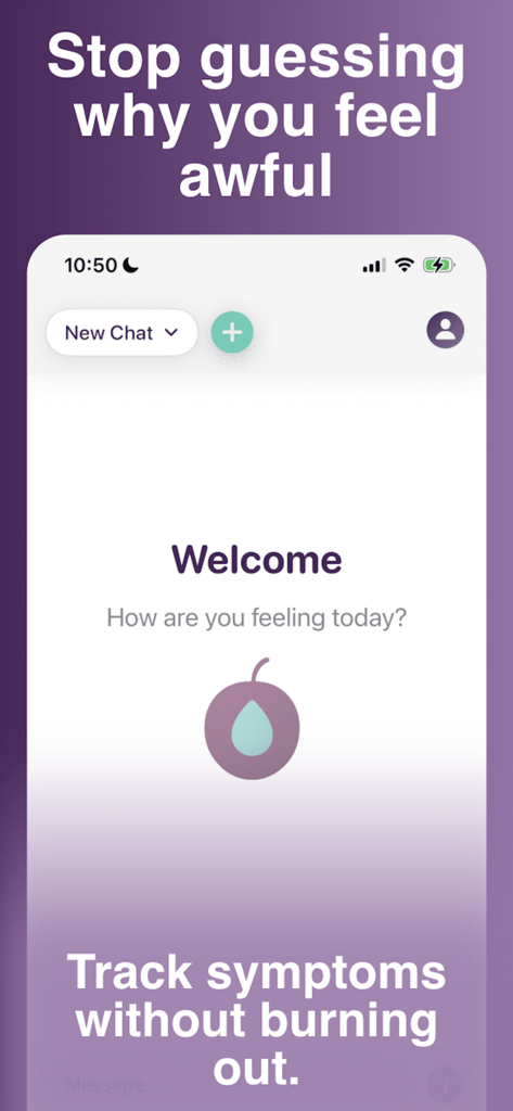 Plum: AI Symptom Tracker - Écran d'accueil de l'application Plum AI Symptom Tracker affichant le message Arrêtez de deviner pourquoi vous vous sentez mal et suivez vos symptômes sans vous épuiser
