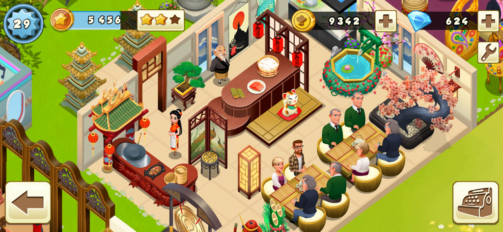 World Chef - Interior view of a Japanese sushi restaurant in World Chef featuring traditional decor and customers