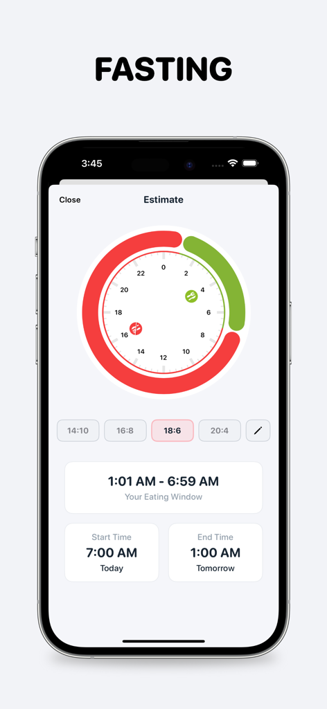Easy Fast Tracker－FastMinder - Interface do aplicativo FastMinder mostrando um cronograma de jejum intermitente de 18 para 6 e janela de alimentação