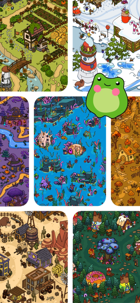 A collage of various hand drawn game levels from Seek and Find Hidden Objects featuring ocean desert and winter themes with a cute frog icon