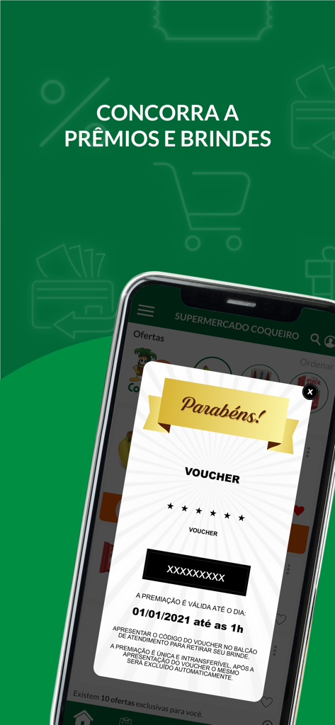 Supermercado Coqueiro - Tela de smartphone mostrando uma notificação de vale-prêmio do aplicativo móvel Supermercado Coqueiro.