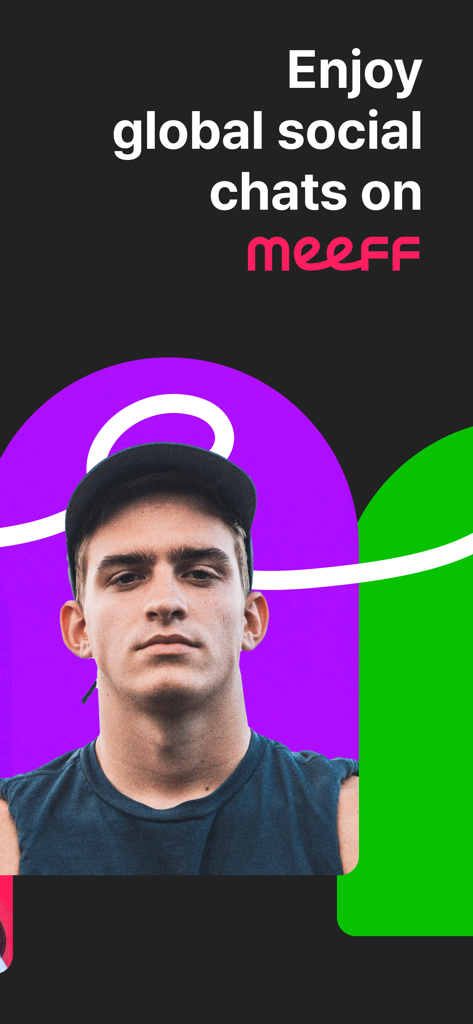 MEEFF - Make Global Friends - A young man shown on a screen with the text Enjoy global social chats on MEEFF