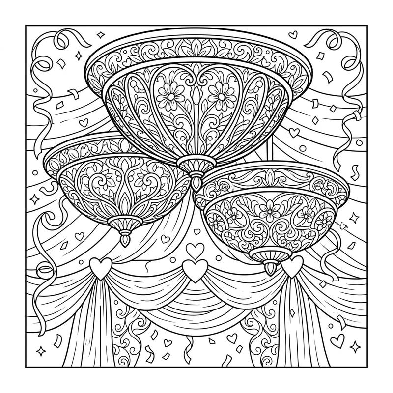 Capture the luminous beauty of a wedding celebration with this intricate coloring page featuring elegant flush mount lights. Adorned with delicate floral patterns and surrounded by festive romantic details, it promises a delightful artistic escape.