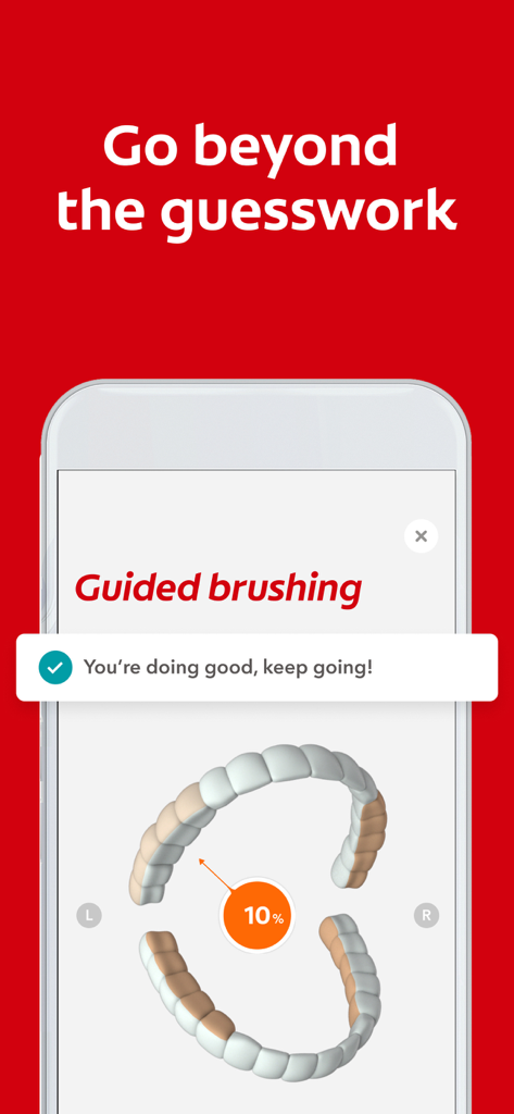 Colgate Connect - Colgate Connect App geführte Putz-Oberfläche, die eine 3D-Dentalabdeckungskarte und einen Fortschritt von 10 Prozent zeigt