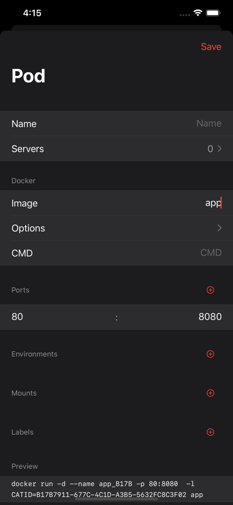 ServerCat - SSH Terminal - Docker container configuration screen in ServerCat app showing port mapping and command preview