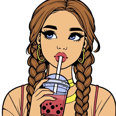 realistic girl with braided hair drinking boba