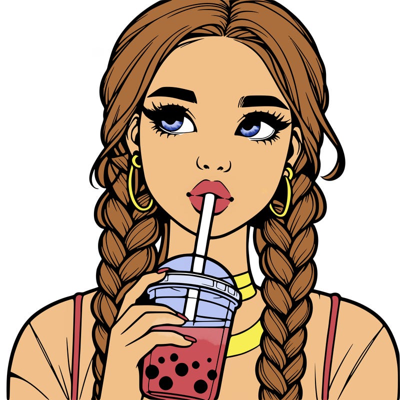 realistic girl with braided hair drinking boba