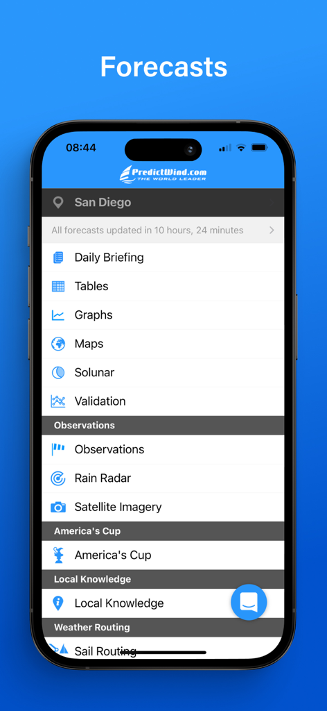 PredictWind — Marine Forecasts - Main menu of the PredictWind marine weather app with forecast and observation options