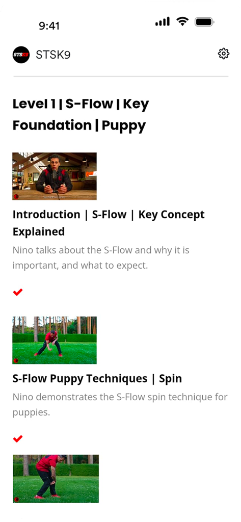 Tela do aplicativo STSK9 mostrando módulos de vídeo de treinamento de base para filhotes de Nível 1 S-Flow