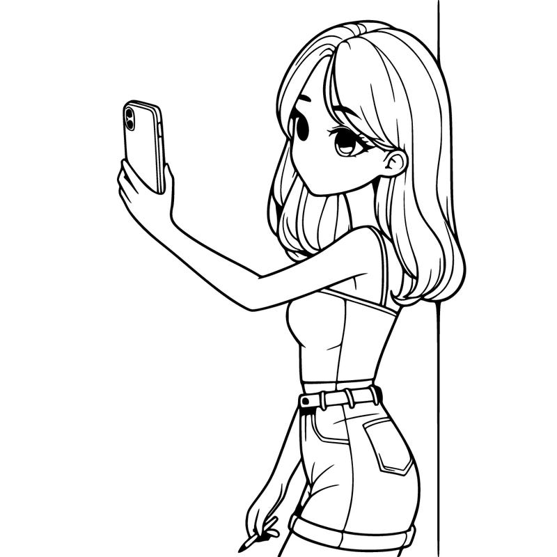 pretty girl leaning on a wall taking a picture on her phone realistically