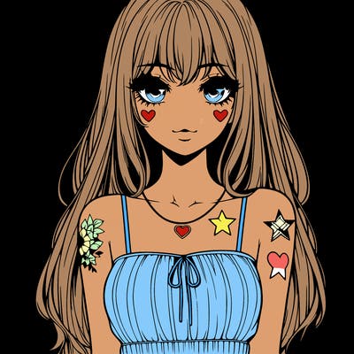 realistic anime girl with long hair star heart tattoos with a simple fabric dress with full lips
