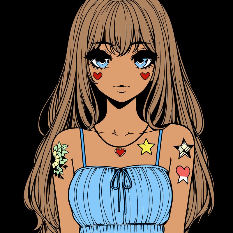 realistic anime girl with long hair star heart tattoos with a simple fabric dress with full lips